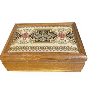 Vintage MCM London Leather Jewelry Box Wooden Tapestry Oak Lidded Mirror